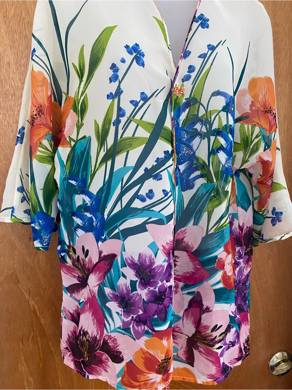 Iris Basic Floral Kimono Tunic - White with Blue, Purple, Pink & Orange Blooms L